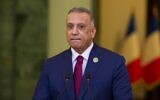 Iraqi Prime Minister Mustafa al-Kadhimi speaks during a joint press conference with the French President at the Prime Minister's office in the Iraqi capital Baghdad, August 28, 2021. (Eliot BLONDET / POOL / AFP)