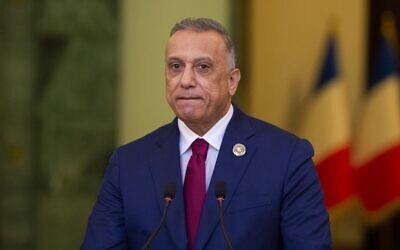 Iraqi Prime Minister Mustafa al-Kadhimi speaks during a joint press conference with the French President at the Prime Minister's office in the Iraqi capital Baghdad, August 28, 2021. (Eliot BLONDET / POOL / AFP)