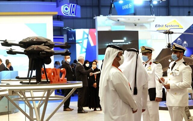Military equipment is displayed at the Dubai Airshow in the Gulf emirate, on November 14, 2021. (Giuseppe CACACE / AFP) Military equipment is displayed at the Dubai Airshow in the Gulf emirate, on November 14, 2021. (Giuseppe CACACE / AFP)