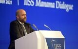 National Security Adviser Eyal Hulata speaks during the IISS Manama Dialogue in the Bahraini capital Manama on November 21, 2021. (Mazen Mahdi/AFP)