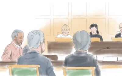 This courtroom sketch made on November 23, 2021 by Anders Humlebo shows former Iranian prison official Hamid Noury being questioned at the Stockholm District Court in Stockholm on November 23, 2021 (Anders HUMLEBO / TT NEWS AGENCY / AFP)