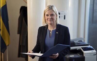 Magdalena Andersson poses during a press conference after being appointed as Sweden's first female prime minister at the Swedish parliament in Stockholm on November 24, 2021. (Erik SIMANDER / TT NEWS AGENCY / AFP)