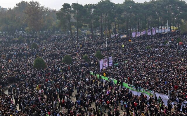 In this file photo taken on November 19, 2021, Iranians gather during a protest to voice their anger after their province's lifeblood river dried up due to drought and diversion, in the central city of Isfahan. (Fatmeh Nasr/ISNA/AFP) In this file photo taken on November 19, 2021, Iranians gather during a protest to voice their anger after their province's lifeblood river dried up due to drought and diversion, in the central city of Isfahan. (Fatmeh Nasr/ISNA/AFP)