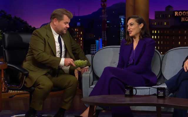 Israeli actress Gal Gadot (R) is seen next to 'The Late Late Show' host James Corden (L) on November 9, 2021. (Video screenshot) Israeli actress Gal Gadot (R) is seen next to 'The Late Late Show' host James Corden (L) on November 9, 2021. (Video screenshot)