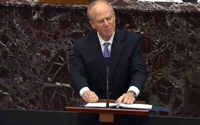 Former US president Donald Trump's defense attorney David Schoen speaks on the fourth day of Trump's second impeachment trial at the US Capitol in Washington, DC, Feb. 12, 2021. (Congress.gov via Getty Images/JTA)