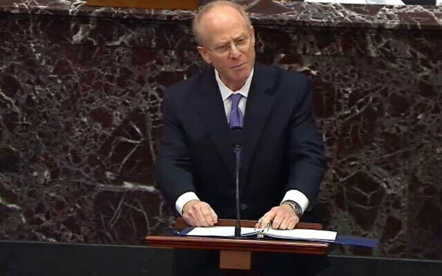 Former US president Donald Trump's defense attorney David Schoen speaks on the fourth day of Trump's second impeachment trial at the US Capitol in Washington, DC, Feb. 12, 2021. (Congress.gov via Getty Images/JTA) Former US president Donald Trump's defense attorney David Schoen speaks on the fourth day of Trump's second impeachment trial at the US Capitol in Washington, DC, Feb. 12, 2021. (Congress.gov via Getty Images/JTA)