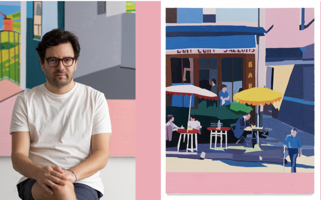 Artist Guy Yanai, left, painted 15 out of 20 of the paintings for 'The Things of Life' from his studio in Marseilles, but he splits his time between there and Tel Aviv. (Courtesy of the artist and Miles McEnery Gallery/ via JTA)