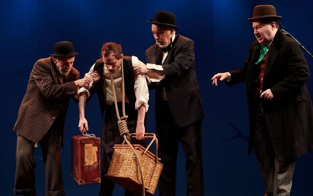 A scene from the Yiddish version of 'Waiting for Godot' staged at Sweden's Royal Dramatic Theater in Stockholm, on November 13, 2021. (Magnus Swärd/Judisk kultur i Sverige/via JTA)