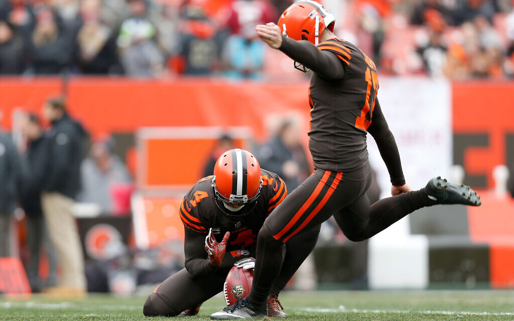 Greg Joseph practices as a member of the Cleveland Browns at FirstEnergy Stadium in Cleveland, December 23, 2018. (Kirk Irwin/Getty Images/ via JTA)