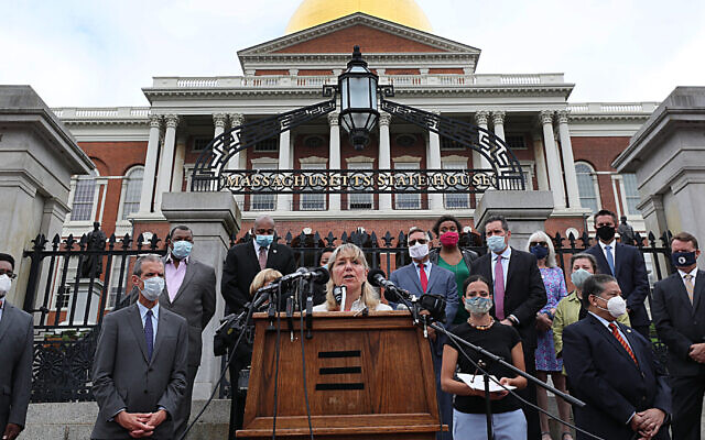 Massachusetts state Senate President Karen E. Spilka speaks on the steps of the State House in Boston on July 6, 2020. Spilka, who is Jewish, backed the Nov. 24, 2021, passage of a bill mandating genocide education in the state. (Suzanne Kreiter/The Boston Globe via Getty Images via JTA) Massachusetts state Senate President Karen E. Spilka speaks on the steps of the State House in Boston on July 6, 2020. Spilka, who is Jewish, backed the Nov. 24, 2021, passage of a bill mandating genocide education in the state. (Suzanne Kreiter/The Boston Globe via Getty Images via JTA)