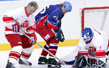 Then-Russian sports minister Vyacheslav Fetisov, left, during a friendly match 'USSR hockey legends' against 'World Stars team' in Moscow, January 28, 2006. (Ivan Sekretarev/AP/File)