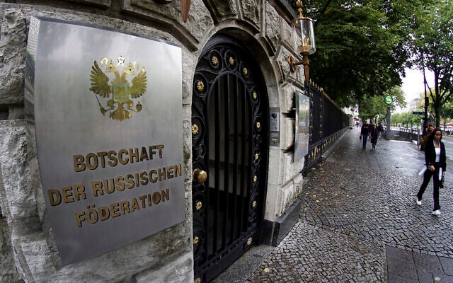 People walk past an entrance of the Russian embassy in Berlin, Germany, Friday, Sept. 4, 2020. (AP Photo/Michael Sohn) People walk past an entrance of the Russian embassy in Berlin, Germany, Friday, Sept. 4, 2020. (AP Photo/Michael Sohn)