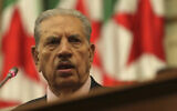 Salah Goudjil speaks after being elected speaker of the upper house of parliament, or Senate, in Algiers, on February 24, 2021. (Fateh Guidoum/AP)