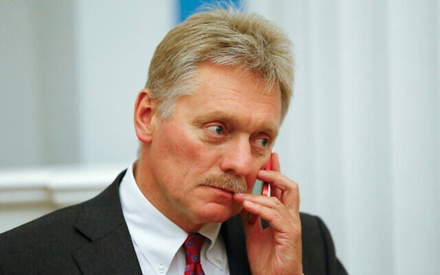 Kremlin spokesman Dmitry Peskov in the Kremlin in Moscow, Russia, September 9, 2021. (Shamil Zhumatov/Pool Photo via AP) Kremlin spokesman Dmitry Peskov in the Kremlin in Moscow, Russia, September 9, 2021. (Shamil Zhumatov/Pool Photo via AP)