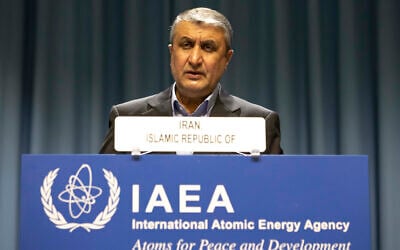 Mohammad Eslami, head of Iran's nuclear agency (AEOI) talks on stage at the International Atomic Energy's (IAEA) General Conference in Vienna, Austria, September 20, 2021. (Lisa Leutner/AP)