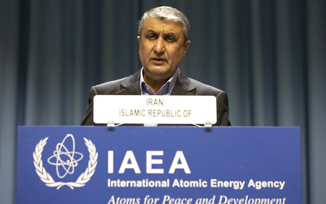 Mohammad Eslami, head of Iran's nuclear agency (AEOI) talks on stage at the International Atomic Energy's (IAEA) General Conference in Vienna, Austria, September 20, 2021. (Lisa Leutner/AP) Mohammad Eslami, head of Iran's nuclear agency (AEOI) talks on stage at the International Atomic Energy's (IAEA) General Conference in Vienna, Austria, September 20, 2021. (Lisa Leutner/AP)