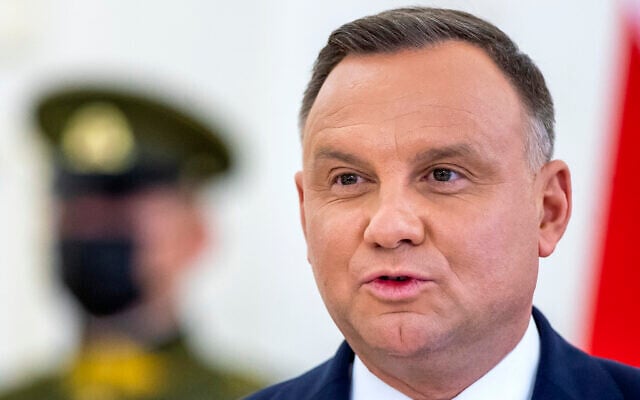 Poland's President Andrzej Duda speaks during a news conference following his meeting with his Lithuanian counterpart at the Presidential Palace in Vilnius, Lithuania, October 19, 2021. (Mindaugas Kulbis/AP) Poland's President Andrzej Duda speaks during a news conference following his meeting with his Lithuanian counterpart at the Presidential Palace in Vilnius, Lithuania, October 19, 2021. (Mindaugas Kulbis/AP)