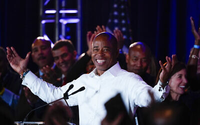 New York City Mayor-elect Eric Adams smiles at supporters, Nov. 2, 2021, in New York. (AP Photo/Frank Franklin II)