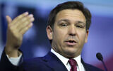 Florida Gov. Ron DeSantis speaks during the Republican Jewish Coalition's annual leadership meeting at The Venetian hotel-casino November 6, 2021, in Las Vegas. (Ellen Schmidt/Las Vegas Review-Journal via AP)