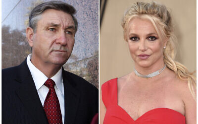 FILE - In this combination of photo, Jamie Spears, father of singer Britney Spears, leaves the Stanley Mosk Courthouse on Oct. 24, 2012, in Los Angeles, left, and Britney Spears arrives at the premiere of "Once Upon a Time in Hollywood" on July 22, 2019, in Los Angeles. A judge this week could end the conservatorship that has controlled Britney Spears' life and money for nearly 14 years. (AP Photo/File