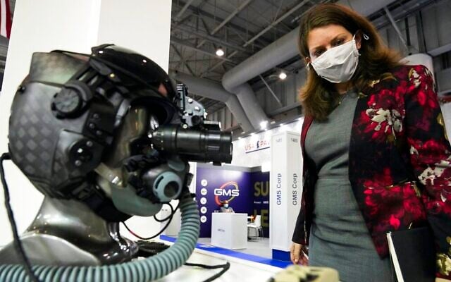Mira Resnick, a US deputy assistant secretary of state for regional security in the bureau of political-military affairs, looks at night-vision goggles on display in the American section of the Dubai Air Show in Dubai, United Arab Emirates, November 16, 2021. (AP Photo/Jon Gambrell) Mira Resnick, a US deputy assistant secretary of state for regional security in the bureau of political-military affairs, looks at night-vision goggles on display in the American section of the Dubai Air Show in Dubai, United Arab Emirates, November 16, 2021. (AP Photo/Jon Gambrell)