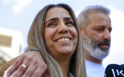 Natali and Mordy Oknin, who were held in Turkey for a week on suspicion of espionage, speak to journalists hours after they were released at their home in Modiin, November 18, 2021 (AP Photo/Ariel Schalit) Natali and Mordy Oknin, who were held in Turkey for a week on suspicion of espionage, speak to journalists hours after they were released at their home in Modiin, November 18, 2021 (AP Photo/Ariel Schalit)