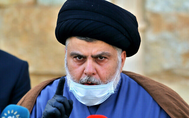 Influential Shiite cleric Muqtada al-Sadr speaks during a press conference in Najaf, Iraq, on February 10, 2021. (AP Photo/Anmar Khalil, File) Influential Shiite cleric Muqtada al-Sadr speaks during a press conference in Najaf, Iraq, on February 10, 2021. (AP Photo/Anmar Khalil, File)