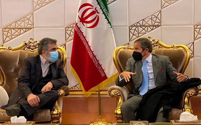 Director General of International Atomic Energy Agency, IAEA, Rafael Mariano Grossi, right, speaks with deputy head of the Atomic Energy Organization of Iran Behrouz Kamalvandi upon his arrival at Tehran's Imam Khomeini airport, Iran, Nov. 22, 2021. (Atomic Energy Organization of Iran via AP) Director General of International Atomic Energy Agency, IAEA, Rafael Mariano Grossi, right, speaks with deputy head of the Atomic Energy Organization of Iran Behrouz Kamalvandi upon his arrival at Tehran's Imam Khomeini airport, Iran, Nov. 22, 2021. (Atomic Energy Organization of Iran via AP)