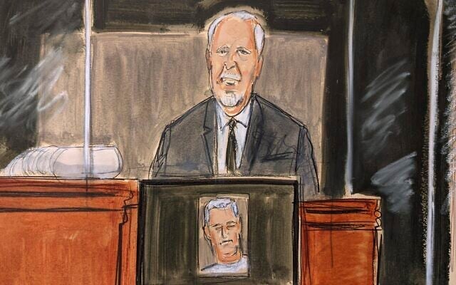 In this courtroom sketch, Lawrence Paul Visoski Jr., who was one of Jeffrey Epstein's pilots, testifies on the witness stand during Ghislaine Maxwell's sex trafficking trial, on November 29, 2021, in New York. (AP Photo/Elizabeth Williams) In this courtroom sketch, Lawrence Paul Visoski Jr., who was one of Jeffrey Epstein's pilots, testifies on the witness stand during Ghislaine Maxwell's sex trafficking trial, on November 29, 2021, in New York. (AP Photo/Elizabeth Williams)