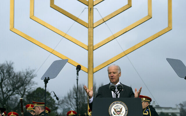 Then-US Vice President Joe Biden speaks after the national menorah was lit during a ceremony marking the start of the celebration of Hanukkah, on the Ellipse near the White House in Washington, December 16, 2014. (AP Photo/Cliff Owen) Then-US Vice President Joe Biden speaks after the national menorah was lit during a ceremony marking the start of the celebration of Hanukkah, on the Ellipse near the White House in Washington, December 16, 2014. (AP Photo/Cliff Owen)
