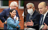 (L) Britain's Prime Minister Boris Johnson, background and Home Secretary Priti Patel in Guildford, England, on July 27, 2021; (R) Foreign Miinister Yair Lapid and Prime Minister Naftali Bennett during a cabinet meeting in Jerusalem, on November 3, 2021. (Yui Mok/Pool via AP; Marc Israel Sellem/Pool via Flash90)