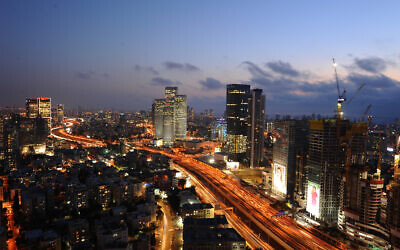 An aerial shot of Tel Aviv at night. April 15, 2018. (Photo by Mendy Hechtman/FLASH90)