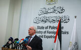 Palestinian Authority Foreign Minister Riyad al-Maliki speaks during a press conference in the West Bank city of Ramallah on September 22, 2020. (Stringer/Flash90)