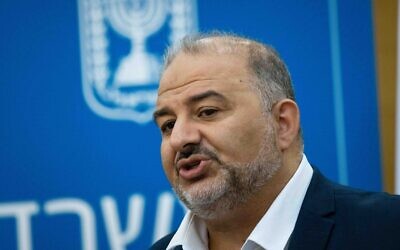 Ra'am party leader Mansour Abbas attends a press conference at the Knesset in Jerusalem, on October 25, 2021. (Yonatan Sindel/Flash90)