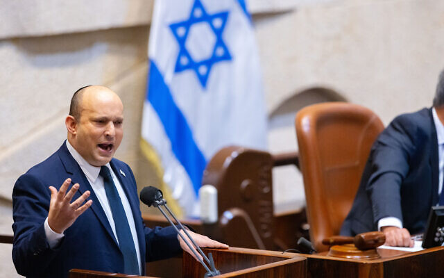 Prime Minister Naftali Bennett speaks ahead of the final votes on the state budget, at the Knesset in Jerusalem, November 3, 2021. (Olivier Fitoussi/Flash90) Prime Minister Naftali Bennett speaks ahead of the final votes on the state budget, at the Knesset in Jerusalem, November 3, 2021. (Olivier Fitoussi/Flash90)