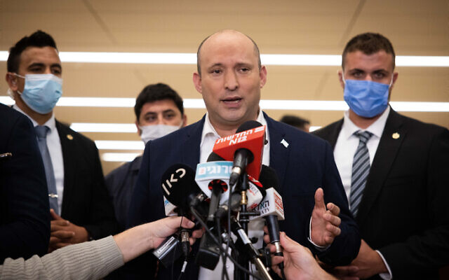 Prime Minister Naftali Bennett gives a statement to the media at the Knesset on November 4, 2021. (Yonatan Sindel/Flash90) Prime Minister Naftali Bennett gives a statement to the media at the Knesset on November 4, 2021. (Yonatan Sindel/Flash90)