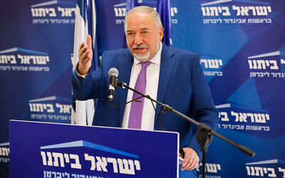 Finance Minister Avigdor Liberman speaks during a Yisrael Beytenu faction meeting at the Knesset on November 8, 2021. (Olivier Fitoussi/Flash90)