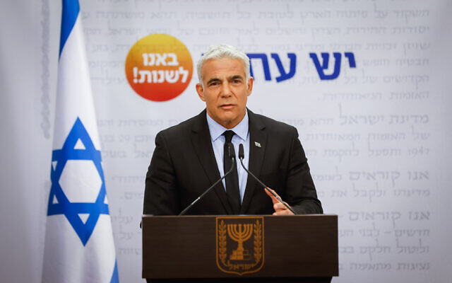 Yesh Atid party leader Foreign Minister Yair Lapid speaks during a faction meeting at the Knesset, in Jerusalem, on November 8, 2021. (Oliiver Fitoussi/Flash90) Yesh Atid party leader Foreign Minister Yair Lapid speaks during a faction meeting at the Knesset, in Jerusalem, on November 8, 2021. (Oliiver Fitoussi/Flash90)