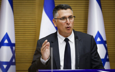 Justice Minister Gideon Sa'ar leads a New Hope faction meeting at the Knesset in Jerusalem, on November 8, 2021. (Olivier Fitoussi/Flash90) Justice Minister Gideon Sa'ar leads a New Hope faction meeting at the Knesset in Jerusalem, on November 8, 2021. (Olivier Fitoussi/Flash90)