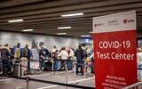 A Covid-19 testing center at the departure hall of the Brussels Airport. November 07, 2021. (Nati Shohat/FLASH90)