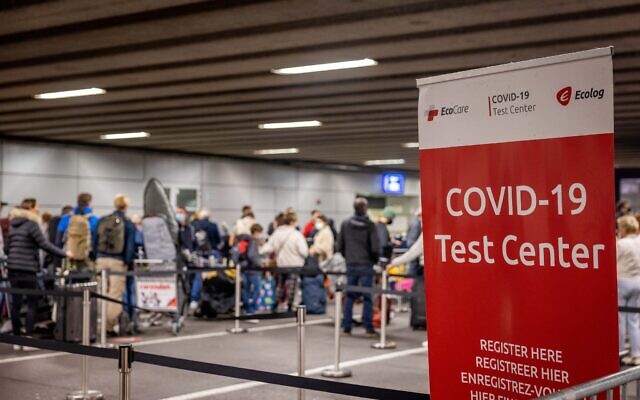 A Covid-19 testing center at the departure hall of the Brussels Airport. November 07, 2021. (Nati Shohat/FLASH90) A Covid-19 testing center at the departure hall of the Brussels Airport. November 07, 2021. (Nati Shohat/FLASH90)