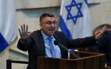 Justice Minister Gideon Sa'ar speaks ahead of a vote on his bill limiting prime ministers to eight years in office, at the Knesset in Jerusalem, on November 22, 2021. (Yonatan Sindel/Flash90)