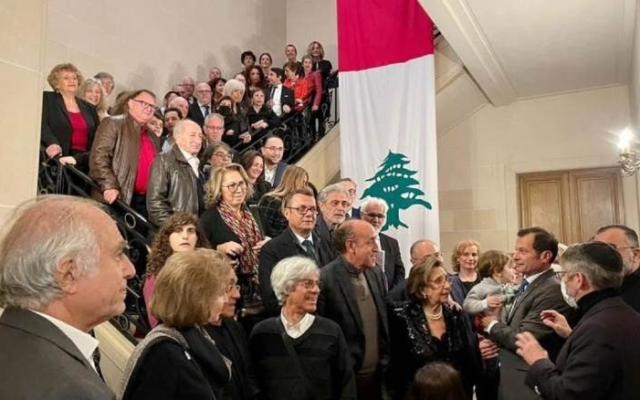 Lebanon’s ambassador to France, Rami Adwan, hosts French Jews of Lebanese descent at the Lebanese embassy in Paris, November 3, 2021 (Twitter) Lebanon’s ambassador to France, Rami Adwan, hosts French Jews of Lebanese descent at the Lebanese embassy in Paris, November 3, 2021 (Twitter)