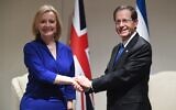 President Isaac Herzog meets with UK Foreign Secretary Liz Truss in London on November 22, 2022 (Courtesy)