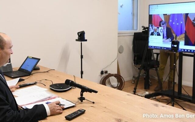 Prime Minister Naftali Bennett holds a video consultation with the leaders of Austria and the Czech Republic on November 30, 2021. (Amos Ben-Gershom/GPO) Prime Minister Naftali Bennett holds a video consultation with the leaders of Austria and the Czech Republic on November 30, 2021. (Amos Ben-Gershom/GPO)