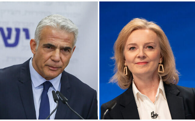 Foreign Minister Yair Lapid on November 22, 2021; and British Foreign Secretary Liz Truss, on October 3, 2021. (Noam Revkin Fenton/Flash90; AP Photo/Jon Super) Foreign Minister Yair Lapid on November 22, 2021; and British Foreign Secretary Liz Truss, on October 3, 2021. (Noam Revkin Fenton/Flash90; AP Photo/Jon Super)