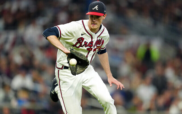Max Fried fields the ball during Game 1 of the 2021 NLCS between the Los Angeles Dodgers and the Atlanta Braves at Truist Park, in Atlanta, Georgia, October 16, 2021. (Daniel Shirey/MLB Photos via Getty Images/JTA)
ATLANTA, GA - OCTOBER 16: Max Fried #54 of the Atlanta Braves fields the ball during Game 1 of the NLCS between the Los Angeles Dodgers and the Atlanta Braves at Truist Park on Saturday, October 16, 2021 in Atlanta, Georgia. (Photo by Daniel Shirey/MLB Photos via Getty Images) Max Fried fields the ball during Game 1 of the 2021 NLCS between the Los Angeles Dodgers and the Atlanta Braves at Truist Park, in Atlanta, Georgia, October 16, 2021. (Daniel Shirey/MLB Photos via Getty Images/JTA)
ATLANTA, GA - OCTOBER 16: Max Fried #54 of the Atlanta Braves fields the ball during Game 1 of the NLCS between the Los Angeles Dodgers and the Atlanta Braves at Truist Park on Saturday, October 16, 2021 in Atlanta, Georgia. (Photo by Daniel Shirey/MLB Photos via Getty Images)