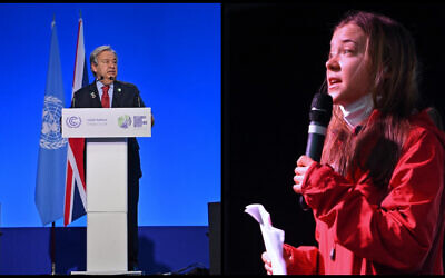 (L) United Nations Secretary General Antonio Guterres speaks during an plenary session at the COP26 UN Climate Change Conference in Glasgow on November 11, 2021. (R) Swedish climate activist Greta Thunberg speaks to the crowd in George Square the end point for the Fridays For Future rally in Glasgow, Scotland on November 5, 2021. (Paul Ellis/AFP) (L) United Nations Secretary General Antonio Guterres speaks during an plenary session at the COP26 UN Climate Change Conference in Glasgow on November 11, 2021. (R) Swedish climate activist Greta Thunberg speaks to the crowd in George Square the end point for the Fridays For Future rally in Glasgow, Scotland on November 5, 2021. (Paul Ellis/AFP)