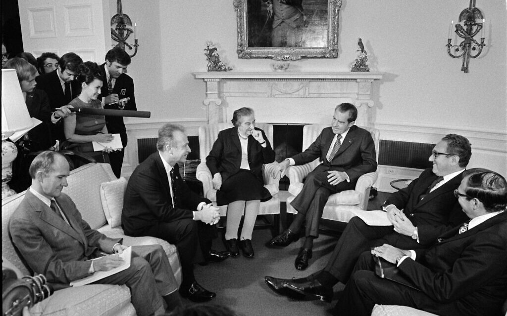 US president Richard Nixon seated in the Oval Office with Israeli prime minister Golda Meir and Henry Kissinger, March 1, 1973. (Karl Schumacher/The Richard Nixon Presidential Library and Museum/ National Archives and Records Administration)