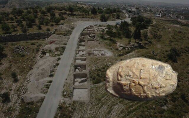 Foreground: A lead sling stone bearing the name of Diodotus Tryphon. Background: Tel Zif in the southern Hebron Hills. (Civil Administration Spokesperson)